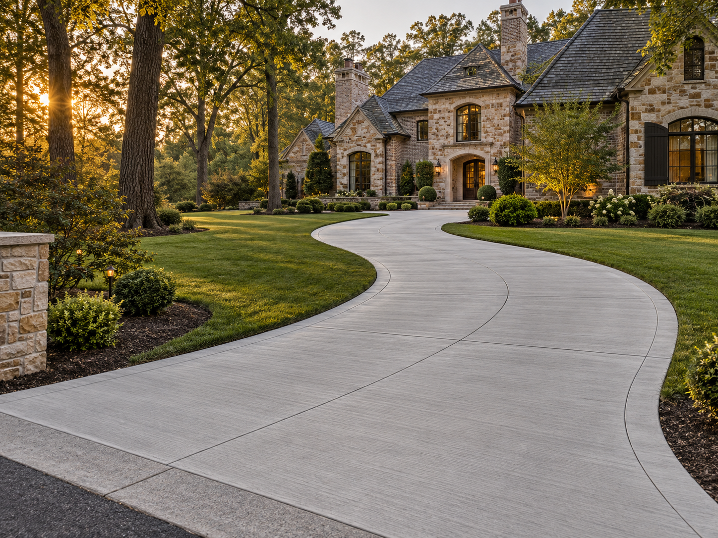 Illustrative curved concrete driveway at a Potomac-style residence